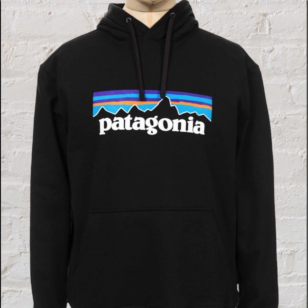 Patagonia Black Hoodie with Blue and Purple Accents